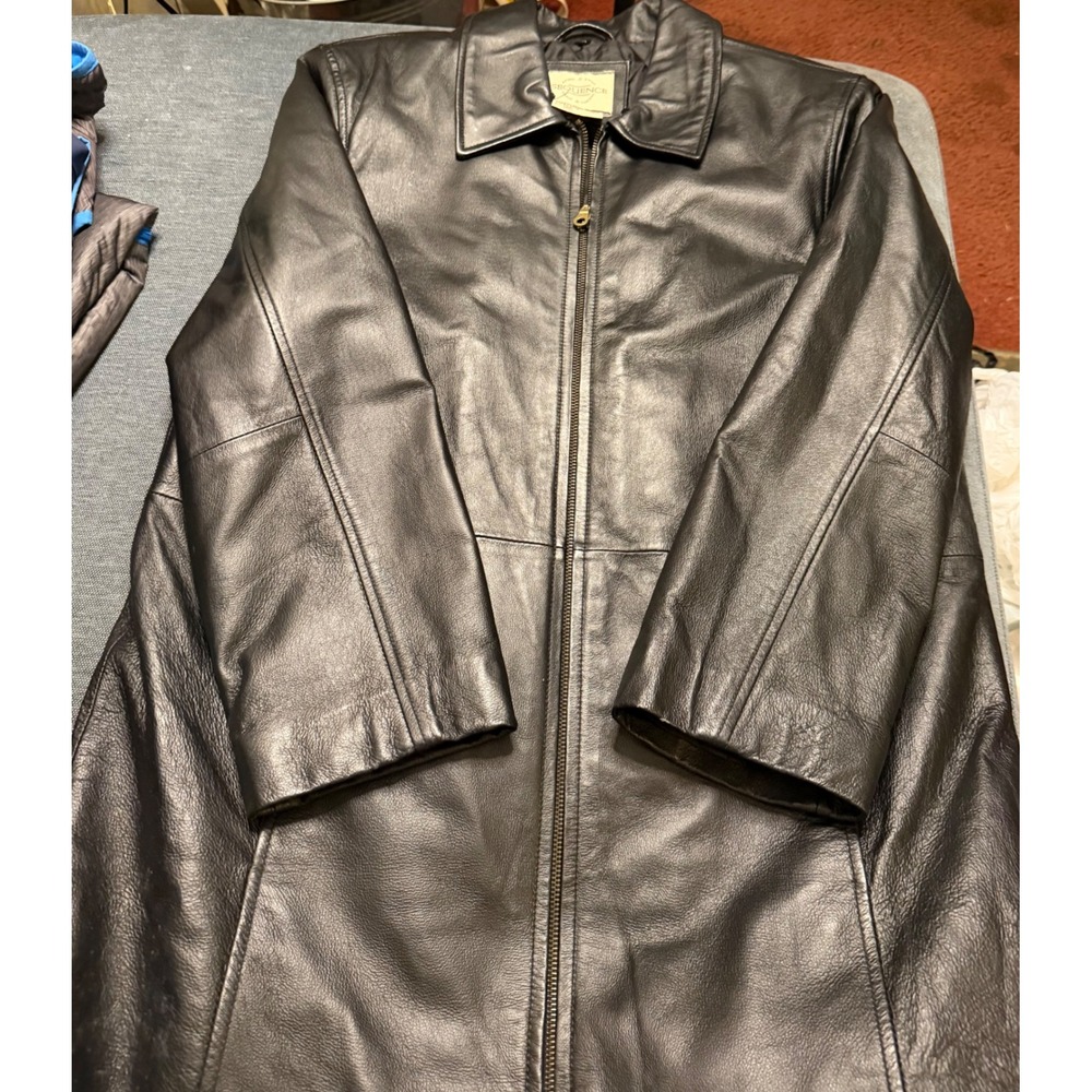 Sequence MenBlack Leather Car Coat Quilted Lined Full Zip Jacket Large 02710PNSR